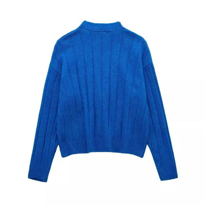 Fashion V-neck single breasted blue versatile knitted cardigan for women