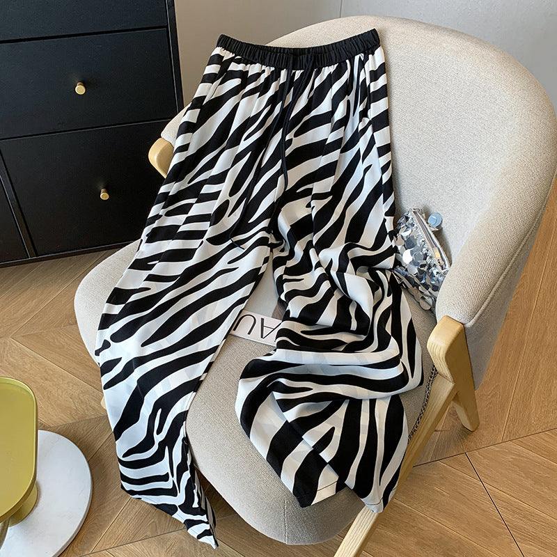 Zebra striped pants with drawstring, sun protection, cool pants with printed ice silk and chiffon, hanging wide leg pants