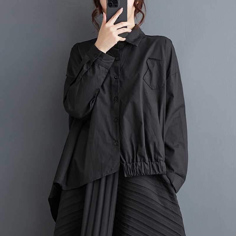 Black loose asymmetric niche oversized shirt with lazy style and irregular fashion