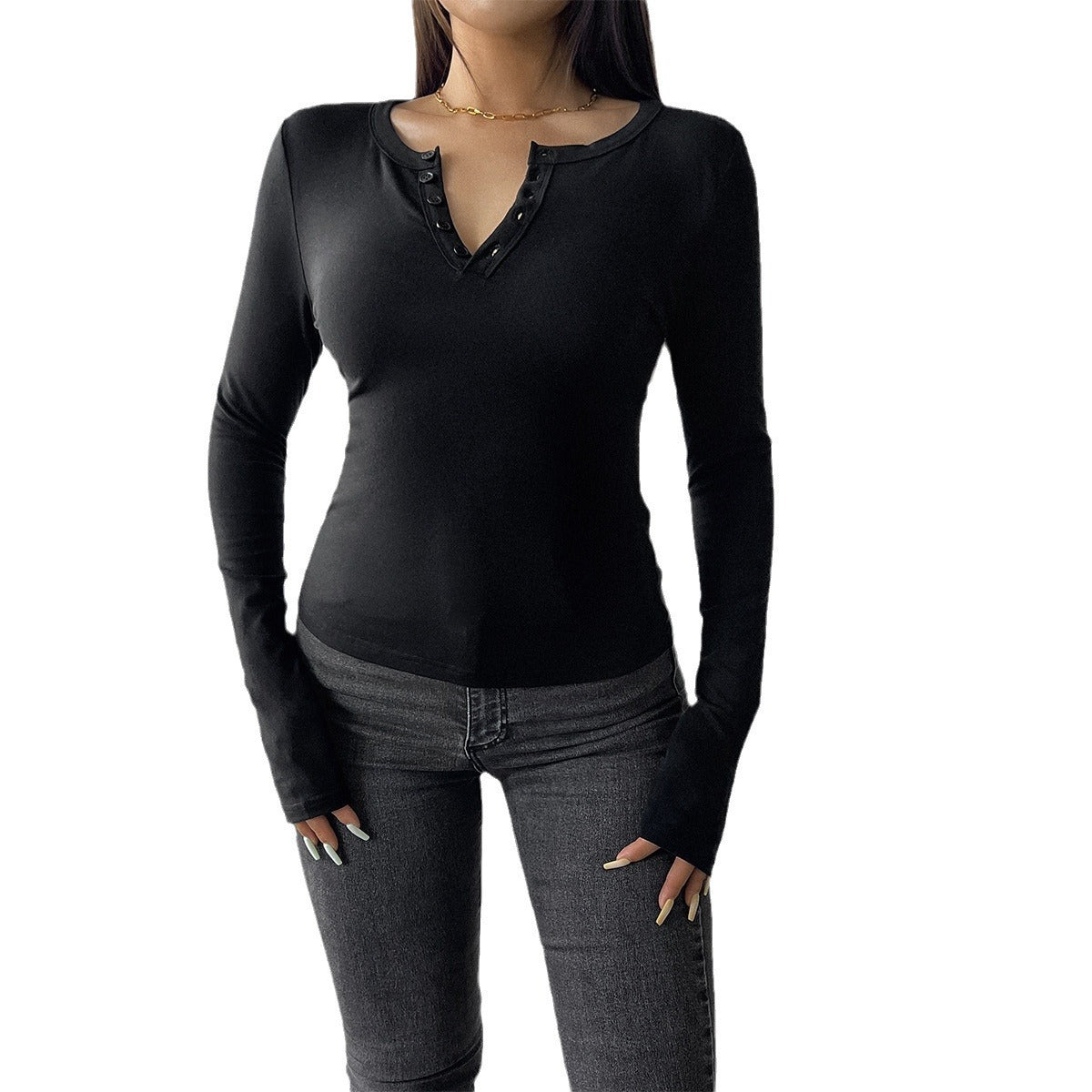 Autumn and winter top women's Y2K temperament slim fit V-neck button long sleeved T-shirt