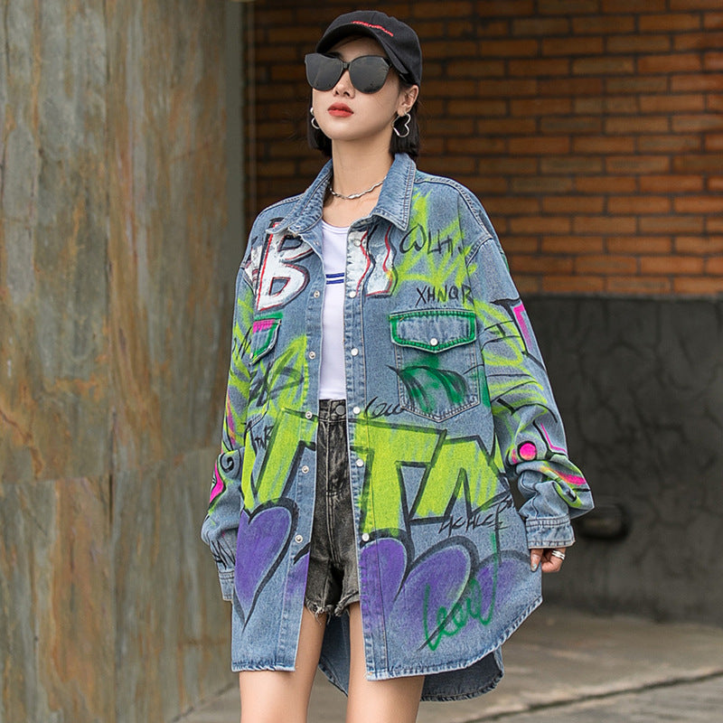 Women's Spring Trend Casual Graffiti Print Denim Jacket Loose Street Style Jacket Top