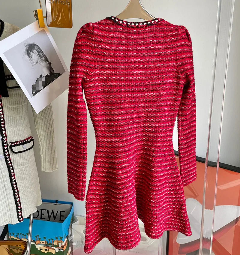 New Arrive Red Color Knitted Women Mini Dress V Neck Long Sleeve Slim Lady Short Dress