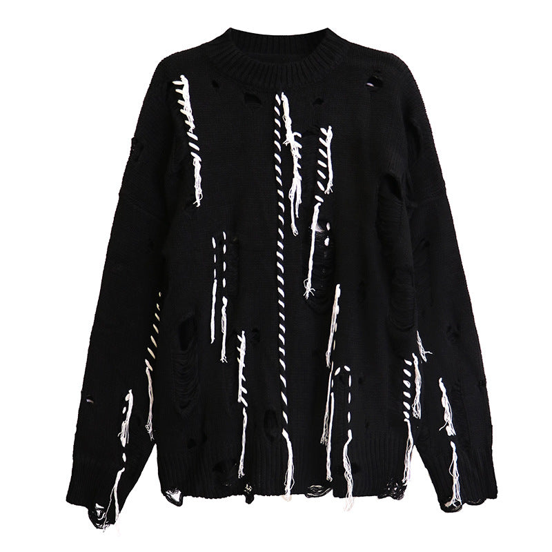 Dark themed niche design, hand woven bright thread pullover sweater, autumn style, ripped hole long knit sweater