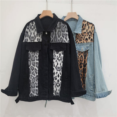 European and American style American retro leopard print sequin patchwork denim jacket casual loose large version all-match jacket top