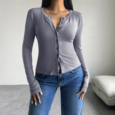 Autumn and winter top women's Y2K solid color slim fit cardigan button long sleeved T-shirt