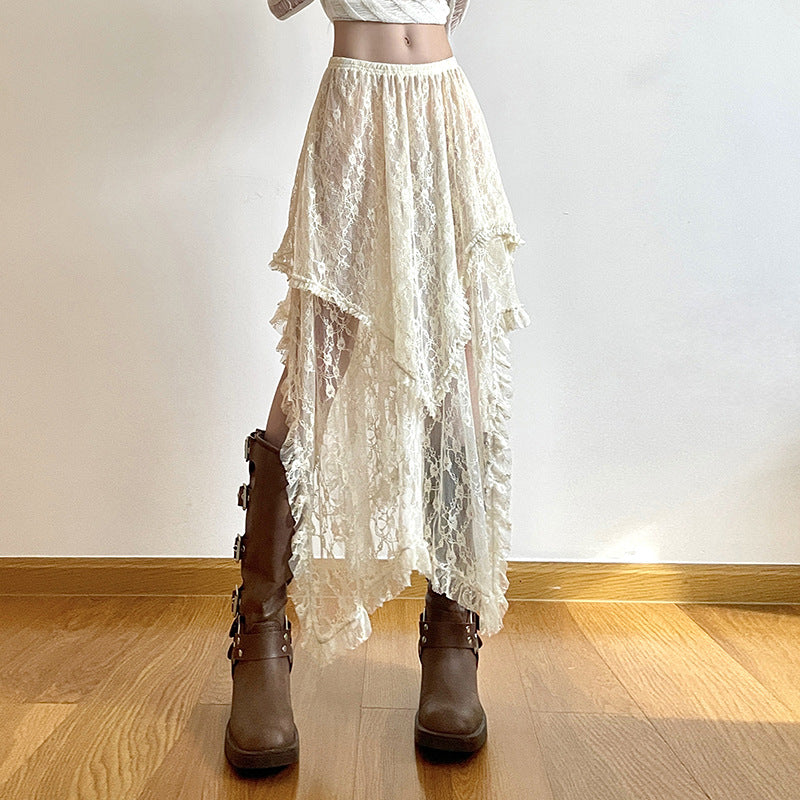 Leisure vacation style low waist double layered lace irregular half skirt for women, light and thin perspective slimming fairy long skirt