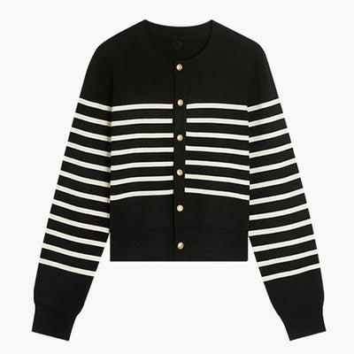 Fashionable contrasting retro striped knitted cardigan women's long sleeved sweater women's top outerwear trend