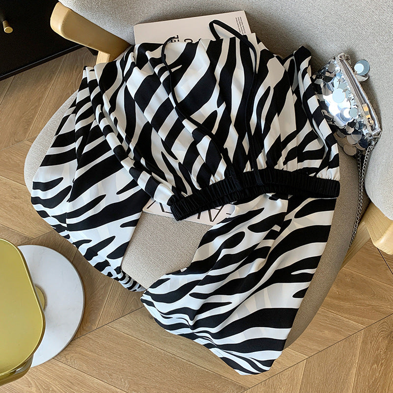 Zebra striped pants with drawstring, sun protection, cool pants with printed ice silk and chiffon, hanging wide leg pants