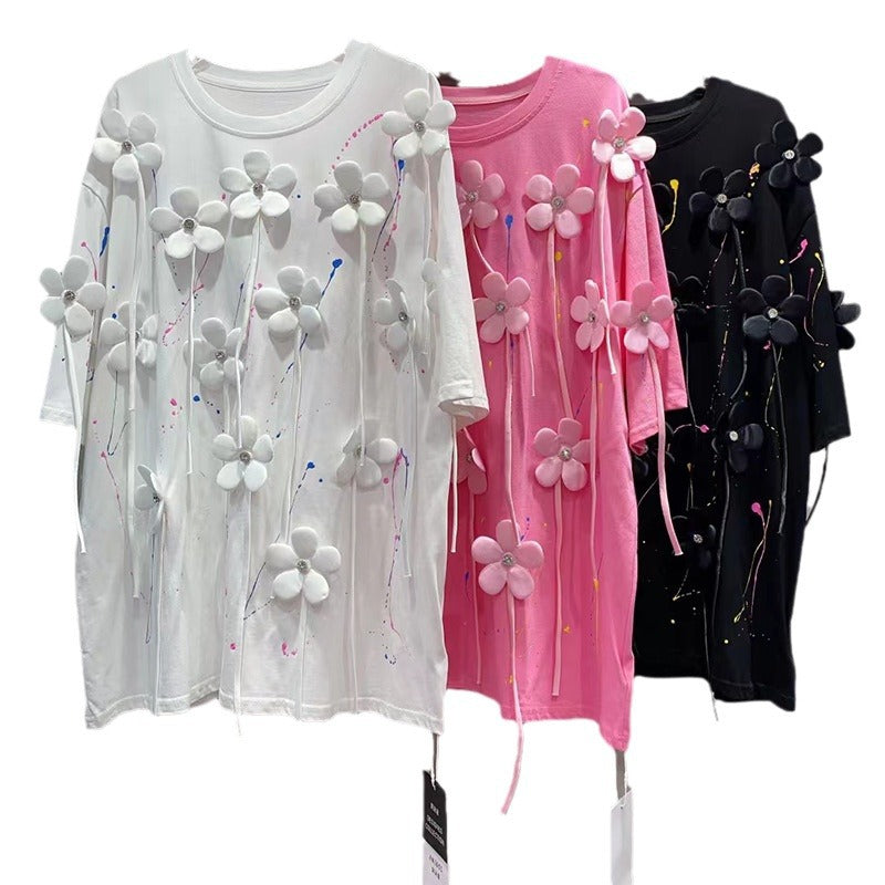 Three dimensional flower nail bead T-shirt for women mid to long style fashionable loose top trendy brand