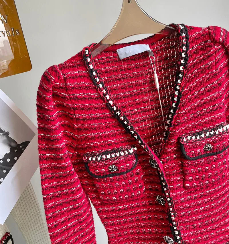 New Arrive Red Color Knitted Women Mini Dress V Neck Long Sleeve Slim Lady Short Dress