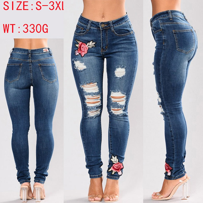 Stretch Embroidered Jeans For Women Elastic Flower Jeans Female Slim Denim Pants Hole Ripped Rose Pattern Jeans Pantalon Femme