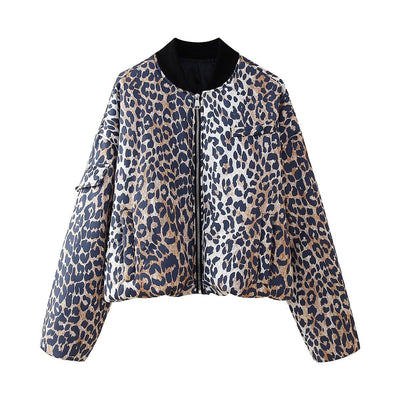 European and American style women's fashion versatile leopard print zipper casual jacket cotton jacket