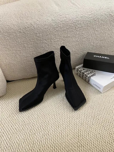 Square Toe Women Ankle Boots Sock Bootie Stretch Shoes Woman Elegant Black Lycra Design Back Zipper Fashion Pumps Size 35-39