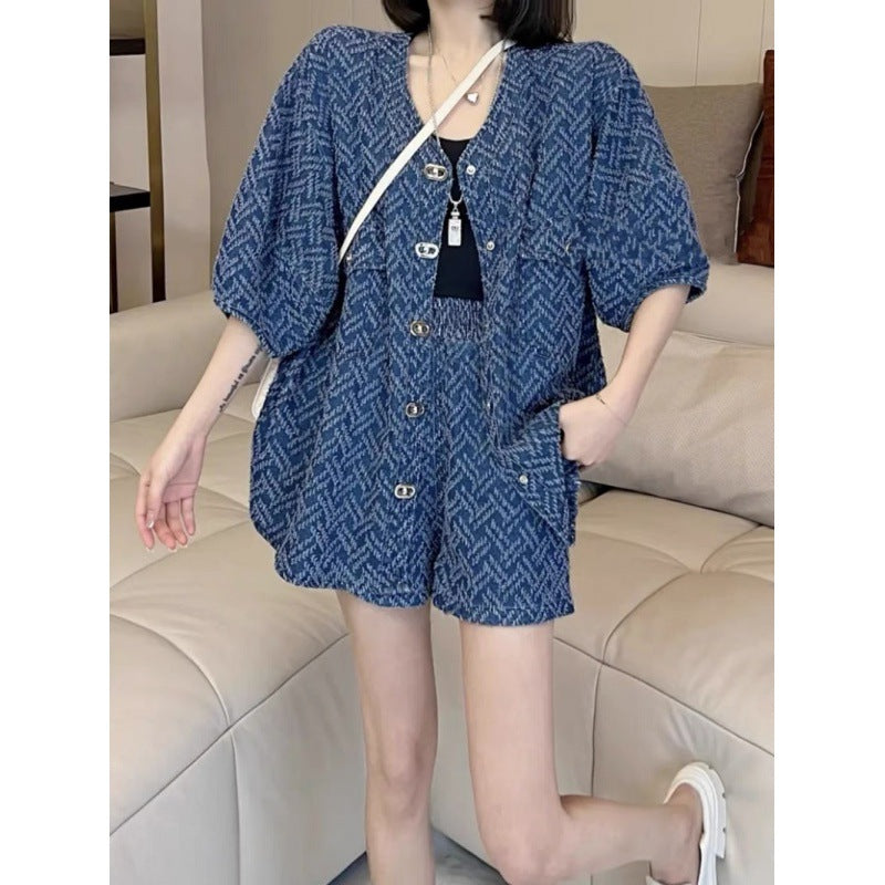 Women's spring and summer temperament design denim suit slim and loose two-piece suit