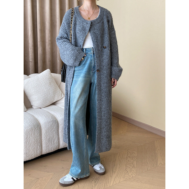 Early Autumn Rabbit Wool Blended Coarse Knitted Cardigan Loose Coat Long