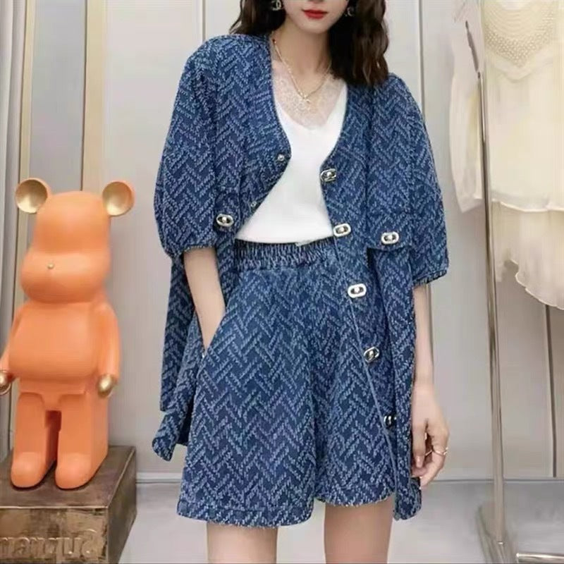 Women's spring and summer temperament design denim suit slim and loose two-piece suit