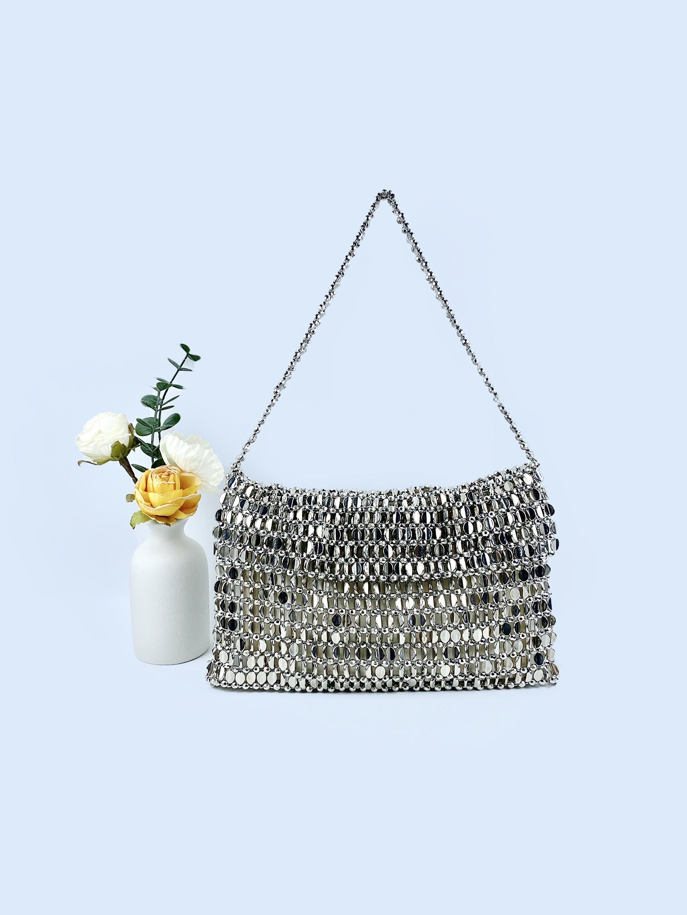 Retro metal sequin silver bag women's bag hand woven high-end feel handbag shoulder and armpit bag