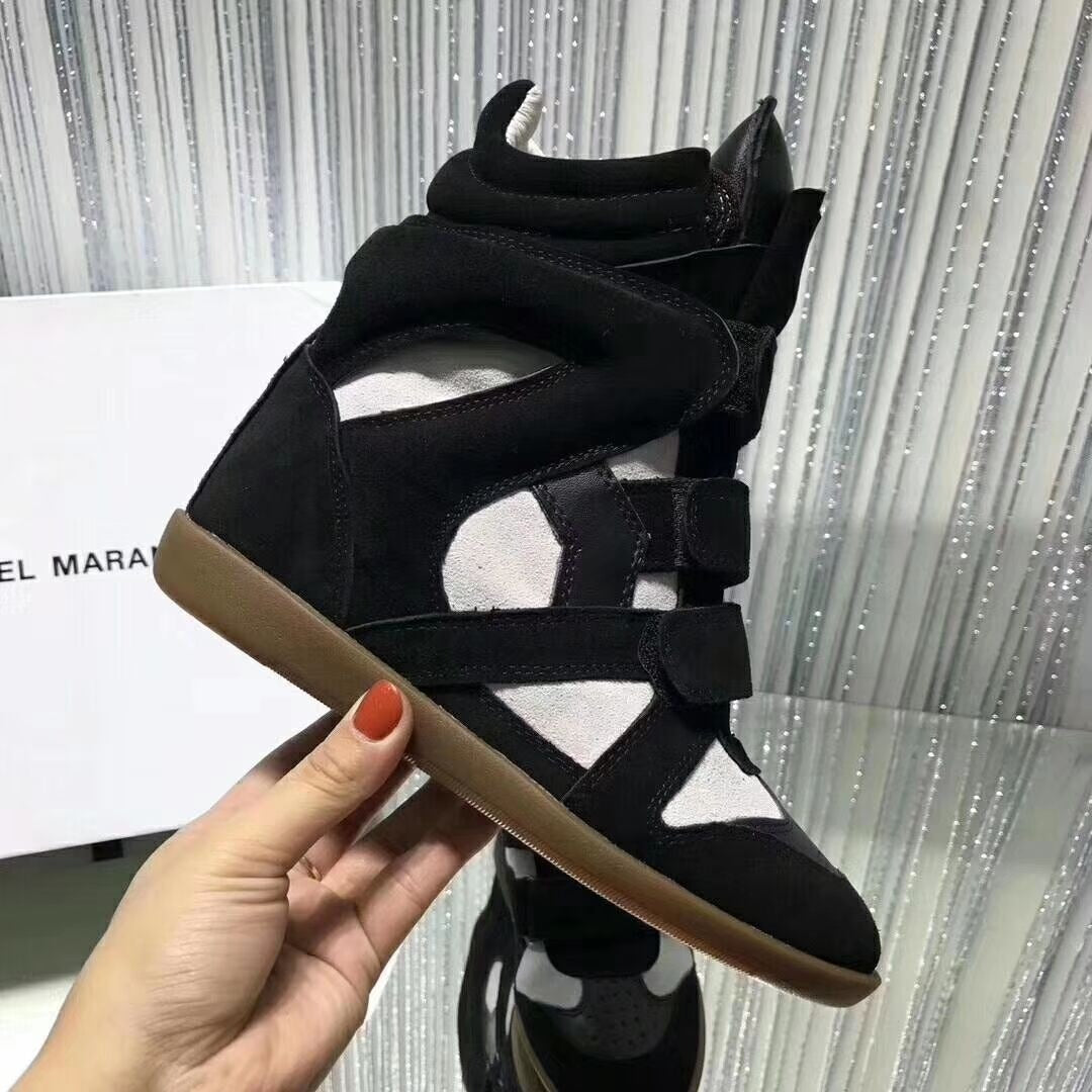 Genuine Leather Height Increasing Casual Shoes Women's Hidden Wedges Sneakers Hook Loop Trainers High Top