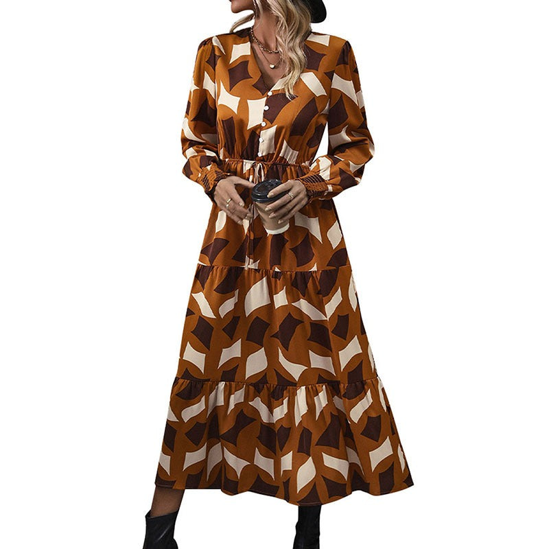 Hot selling long sleeved printed V-neck dress for European and American women's clothing in spring and autumn