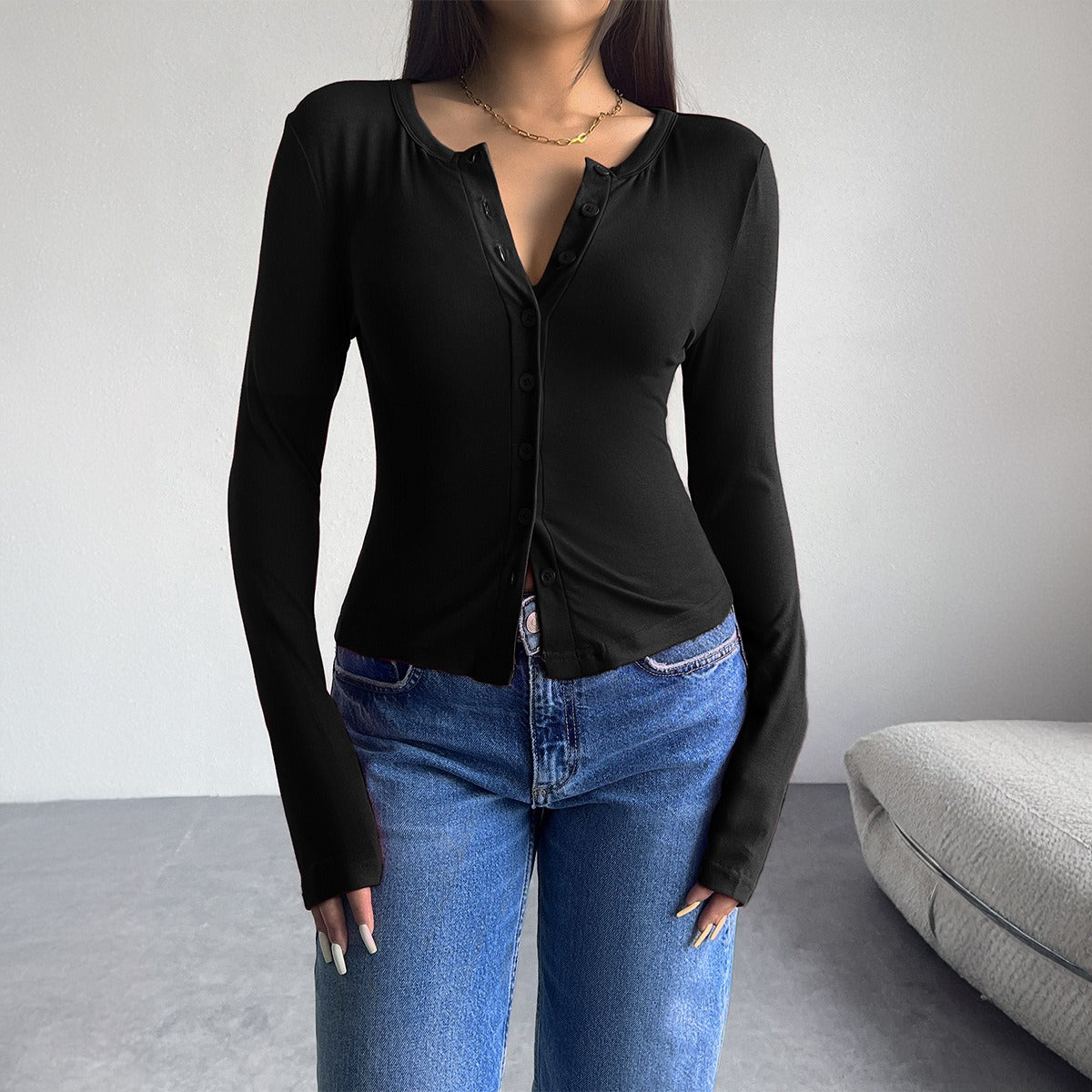 Autumn and winter top women's Y2K solid color slim fit cardigan button long sleeved T-shirt