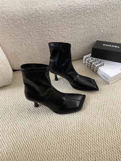 Square Toe Women Ankle Boots Sock Bootie Stretch Shoes Woman Elegant Black Lycra Design Back Zipper Fashion Pumps Size 35-39