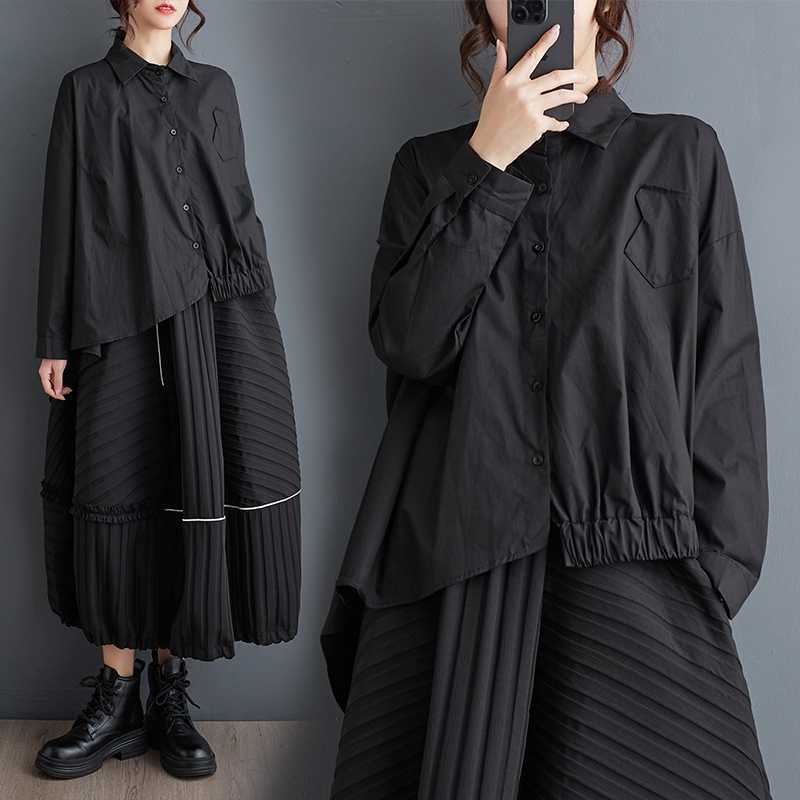 Black loose asymmetric niche oversized shirt with lazy style and irregular fashion