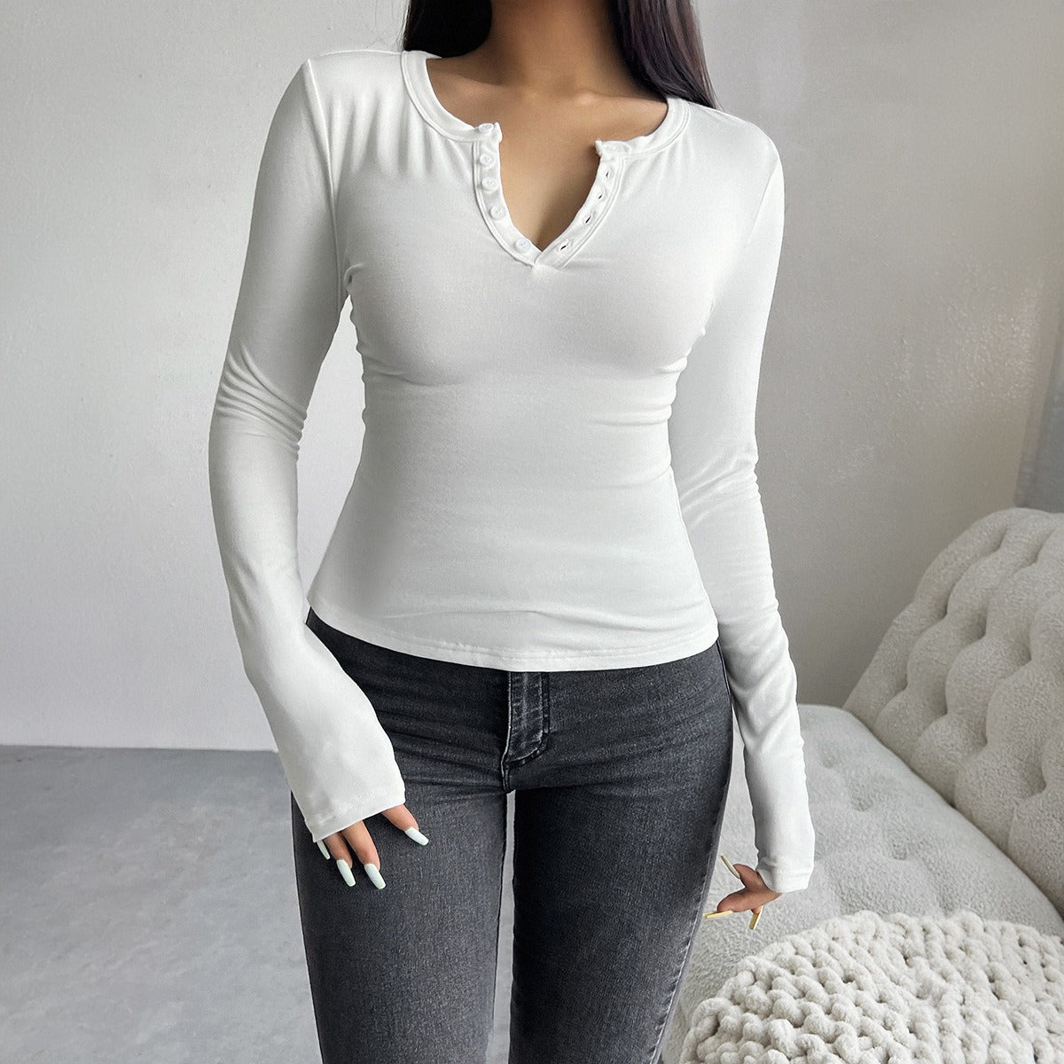 Autumn and winter top women's Y2K temperament slim fit V-neck button long sleeved T-shirt