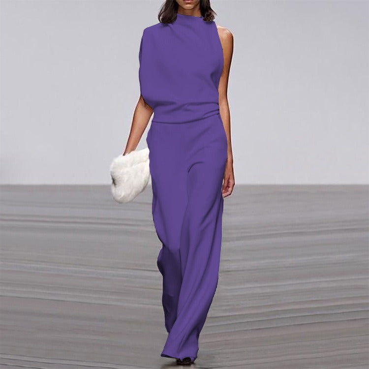 Solid color single shoulder pile up collar jumpsuit for women, hot selling hot selling dress pants