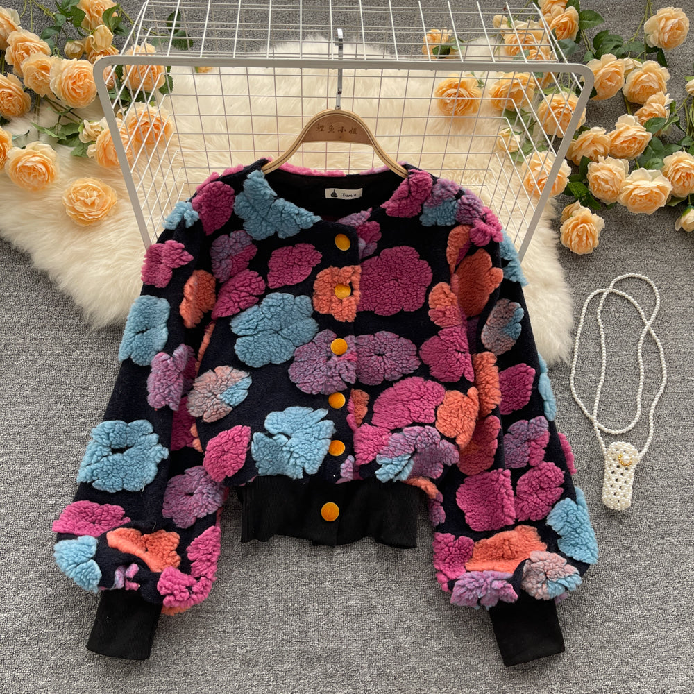 French retro three-dimensional flower temperament slim fit single breasted cardigan short jacket