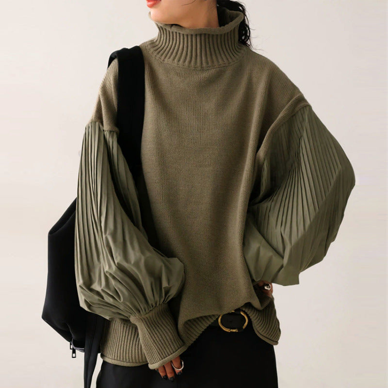 High neck patchwork women's pleated sleeves loose casual women's top knitted sweater jacket