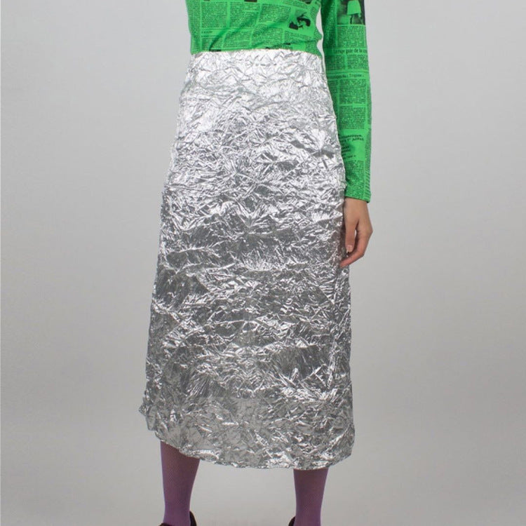 Half length skirt with pleated high waist and split back, fashionable and versatile, hip hugging skirt