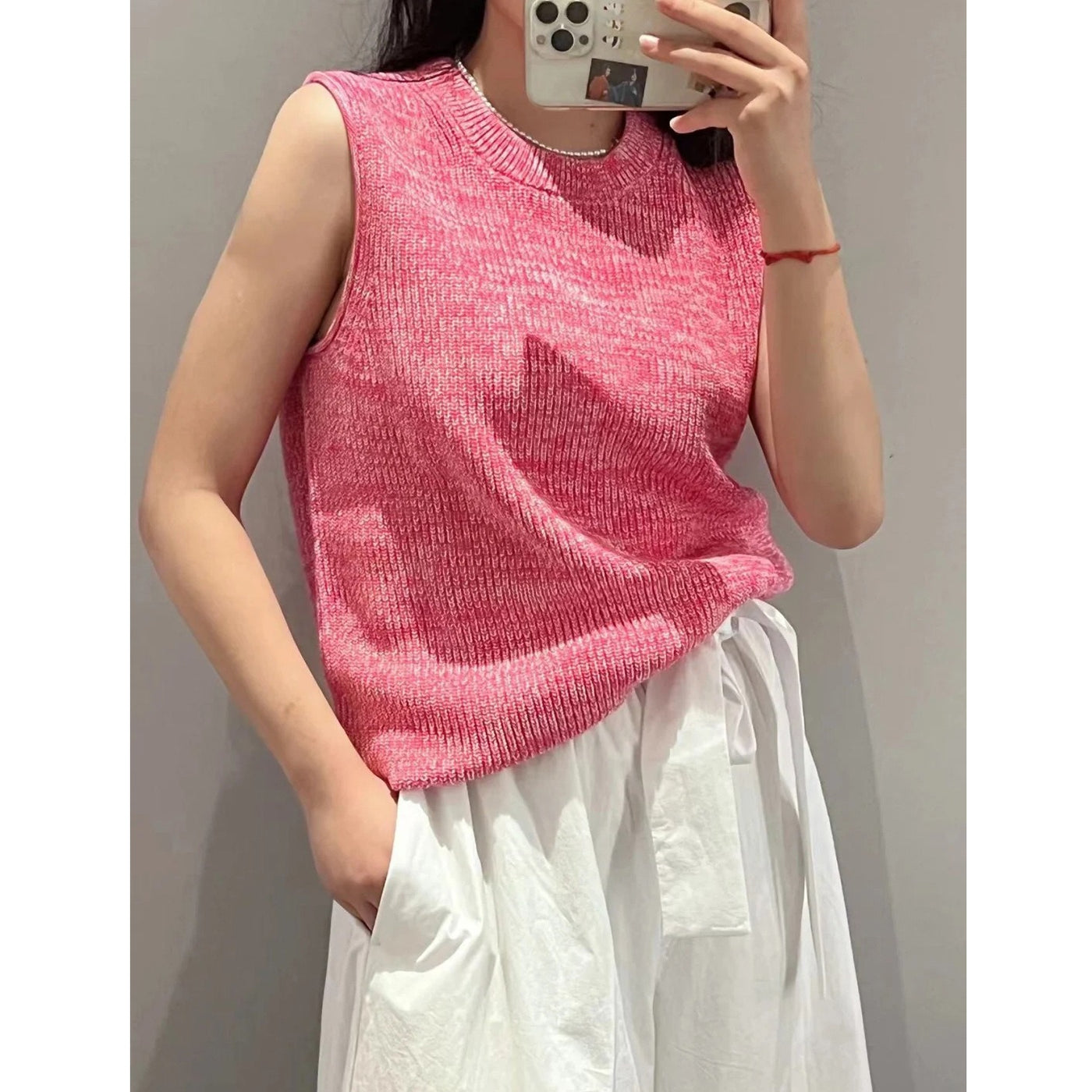 Round neck knitted ribbed pink vest vest vest