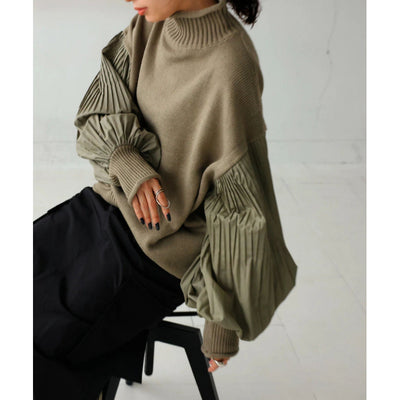 High neck patchwork women's pleated sleeves loose casual women's top knitted sweater jacket