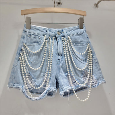 Chain handmade bead rough edge washed water personalized denim shorts high waist slimming hot pants