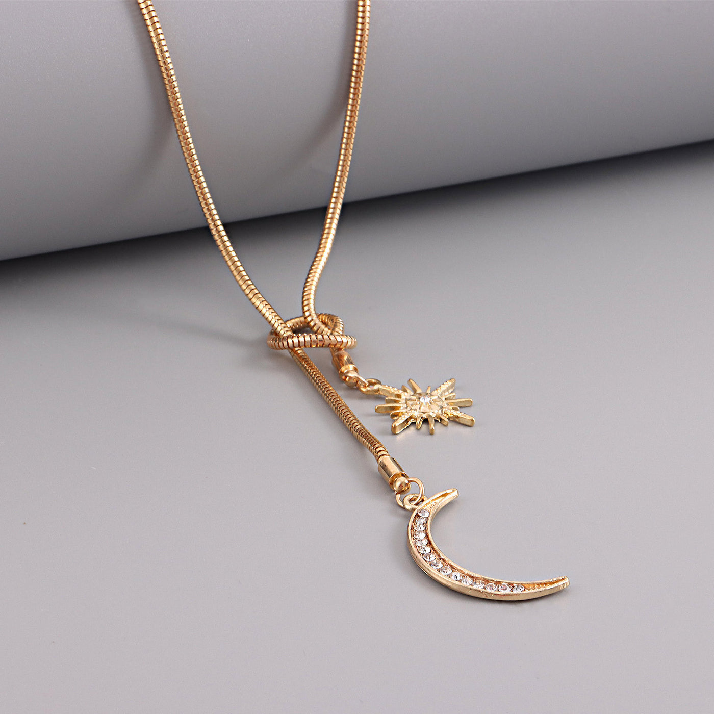 Simple Snake Bone Chain Sun Flower Diamond Crescent Pendant Necklace