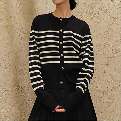 Fashionable contrasting retro striped knitted cardigan women's long sleeved sweater women's top outerwear trend