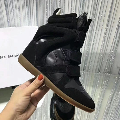 Genuine Leather Height Increasing Casual Shoes Women's Hidden Wedges Sneakers Hook Loop Trainers High Top