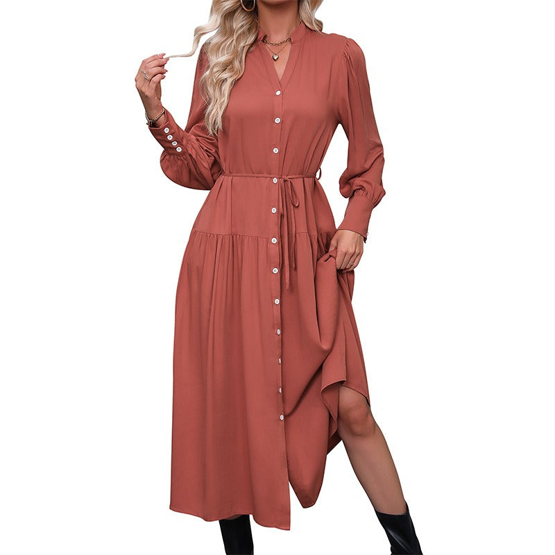 Hot selling European and American fashion women's long sleeved solid color versatile dress in spring and autumn