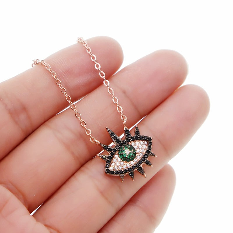 Green black white zircon inlaid eye pendant rose gold chain exquisite necklace