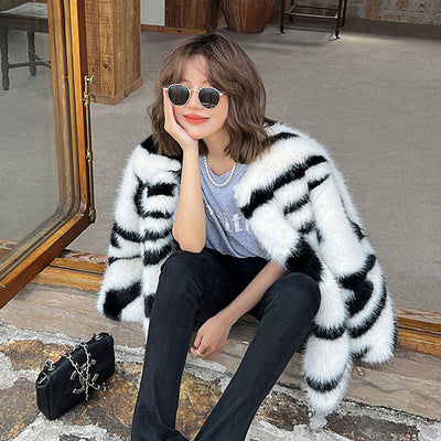 Women's Winter Zebra Mink Pattern Faux Fox Fur Coat Short Style Fur Thickened Faux Fur Artificial Fur