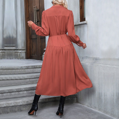 Hot selling European and American fashion women's long sleeved solid color versatile dress in spring and autumn