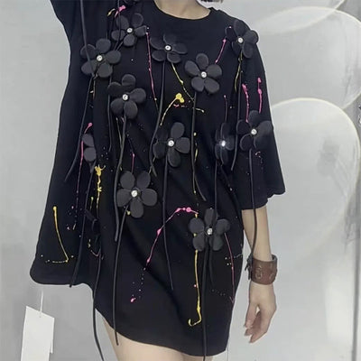 Three dimensional flower nail bead T-shirt for women mid to long style fashionable loose top trendy brand