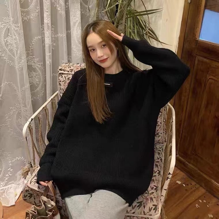 Retro thick sweater for women in autumn and winter, loose and lazy style, pullover knitted sweater top