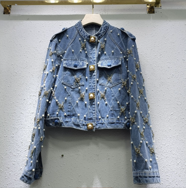 Women's Denim Jacket O-neck Embroidered Flares Diamond Pearls Buttons Plaid Elegant Coat  Autumn