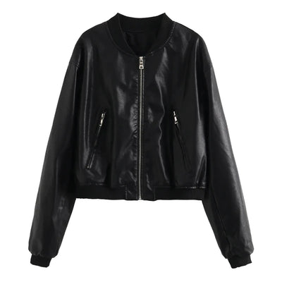 Woman Zipper Leather Jackets Perfecto Leather New In Outerwears Aviator Woman Y2K High Street Long Sleeve