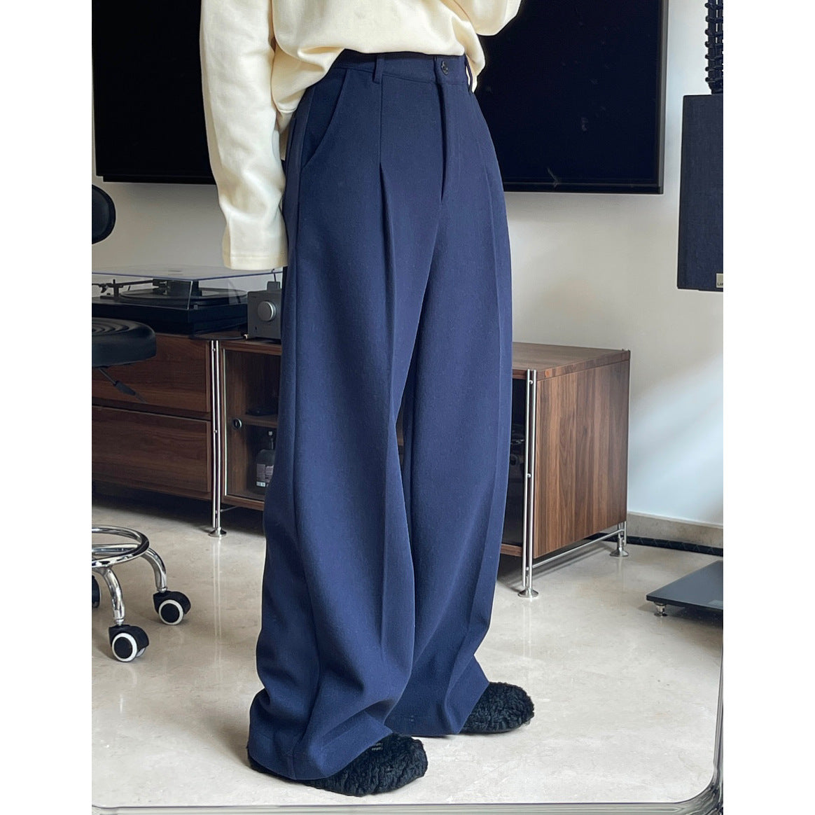 Woolen casual trousers with high waist wide legs loose and comfortable brushed pants women's thick