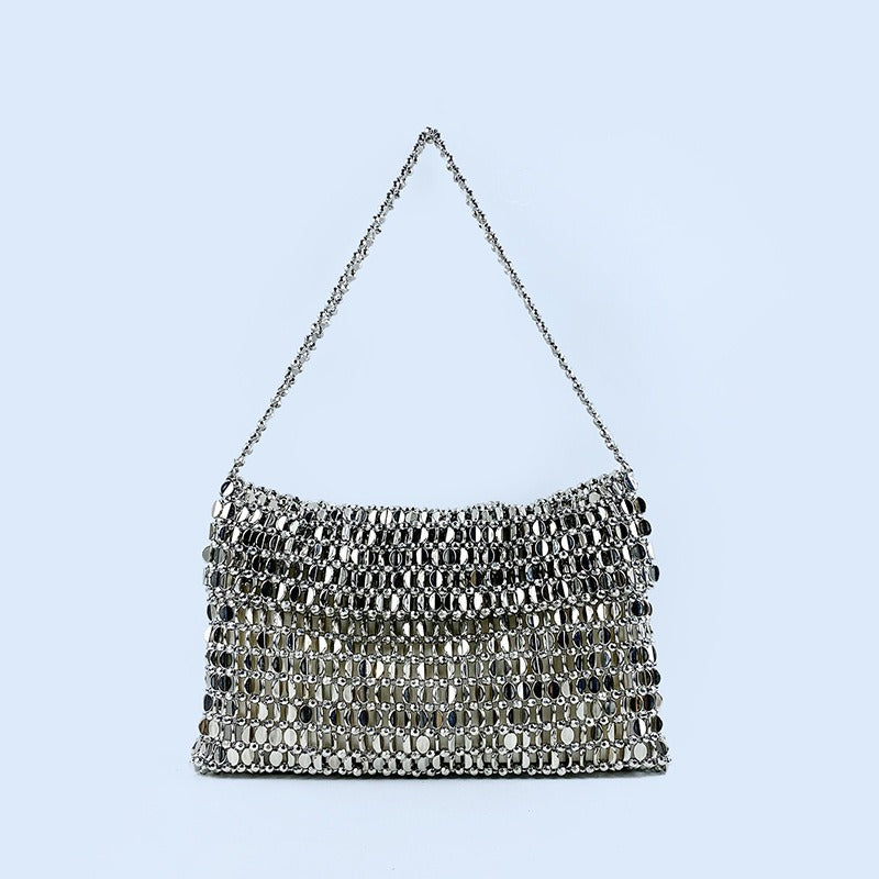 Retro metal sequin silver bag women's bag hand woven high-end feel handbag shoulder and armpit bag