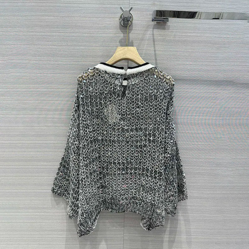 Spring Summer Heavy Fish Scale Sequins Hollow Round Neck Long Sleeve Women's t-shirt  Simple Casual top for women