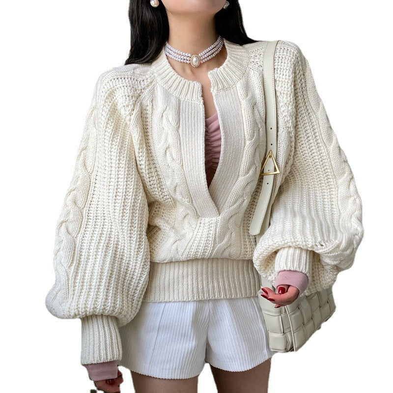 Autumn and winter women's Korean chic temperament fashion loose solid color pullover knit sweater cable sweater