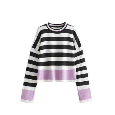 Women's striped long sleeved round neck knitted sweater top for women